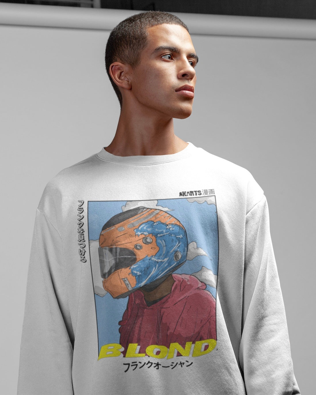 model wearing frank ocean blong long sleeve t-shirt by akarts